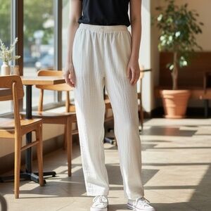 Eccotoo by Eccohay 100% Linen Pants Womens M Cream Elastic Waist Pull On